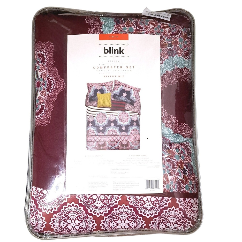 Blink Pranna Twin Reversible Comforter Set Medallion Stripe Burgundy Navy 2pc